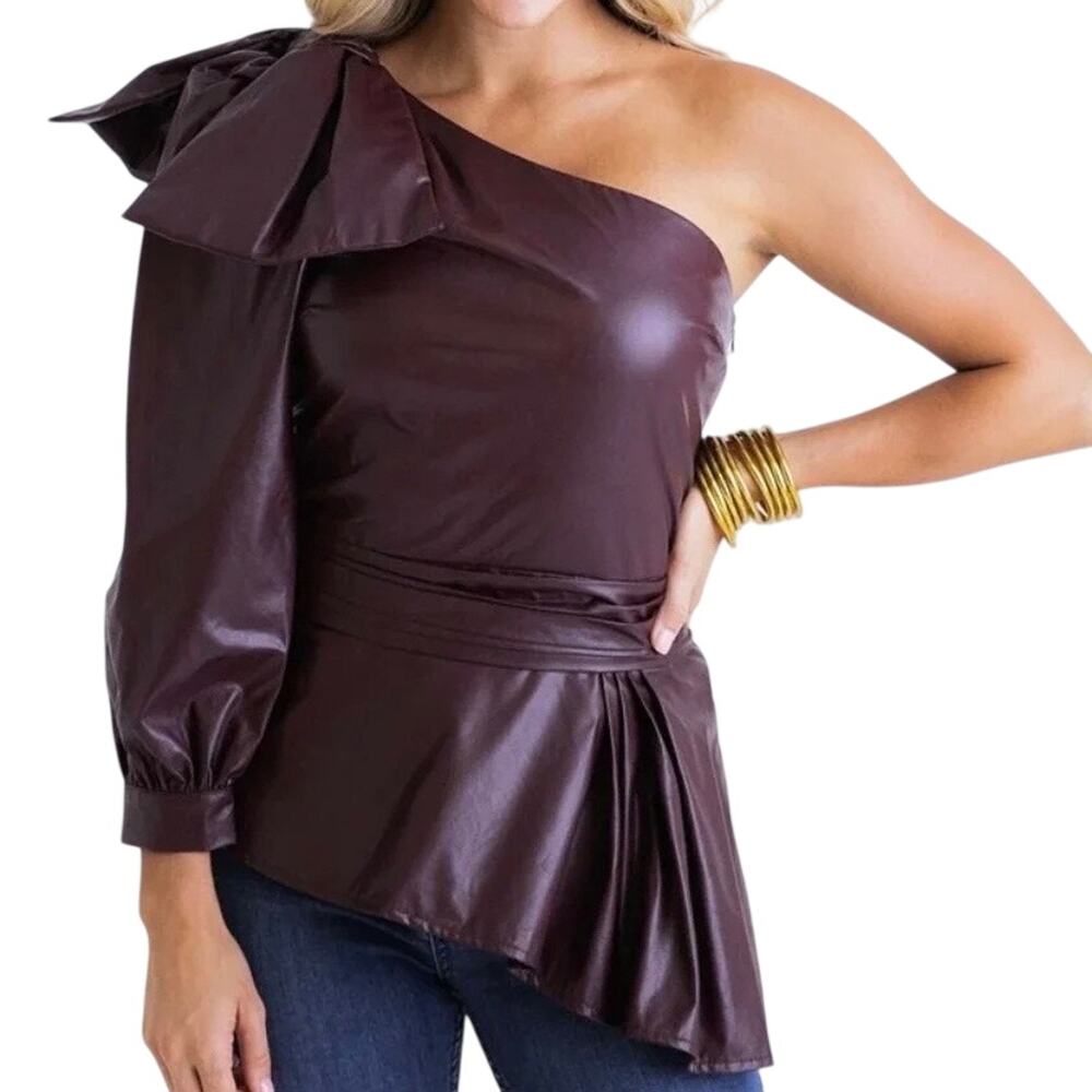 Karlie Burgundy Faux Leather Edgy One Shoulder Bow Asymmetric Peplum Top Size S